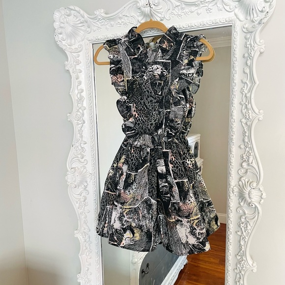 SALE New York Couture Handmade VINTAGE Fabric Cheetah Ruffle Bib Dress - Picture 1 of 6